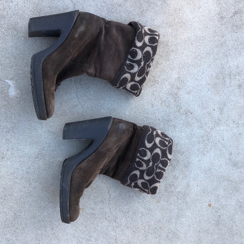 COACH * brown leather heeled boots w Coach fabric